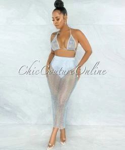 Vendor-unknown Mitzi Baby Blue Iridescent Rhinestones Cover-Up Fishnet Set SWIM