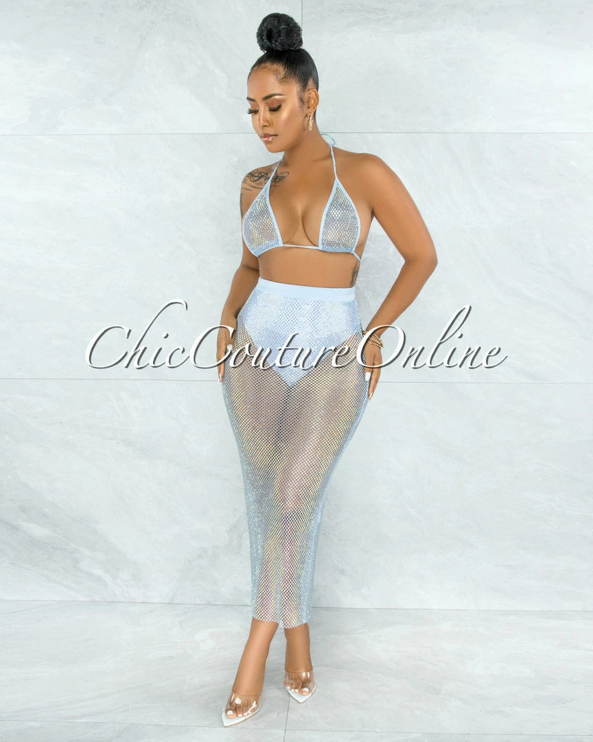 Vendor-unknown Mitzi Baby Blue Iridescent Rhinestones Cover-Up Fishnet Set SWIM
