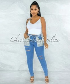 Vendor-unknown Hazaiah Blue Denim Rhinestones Pockets Jeans