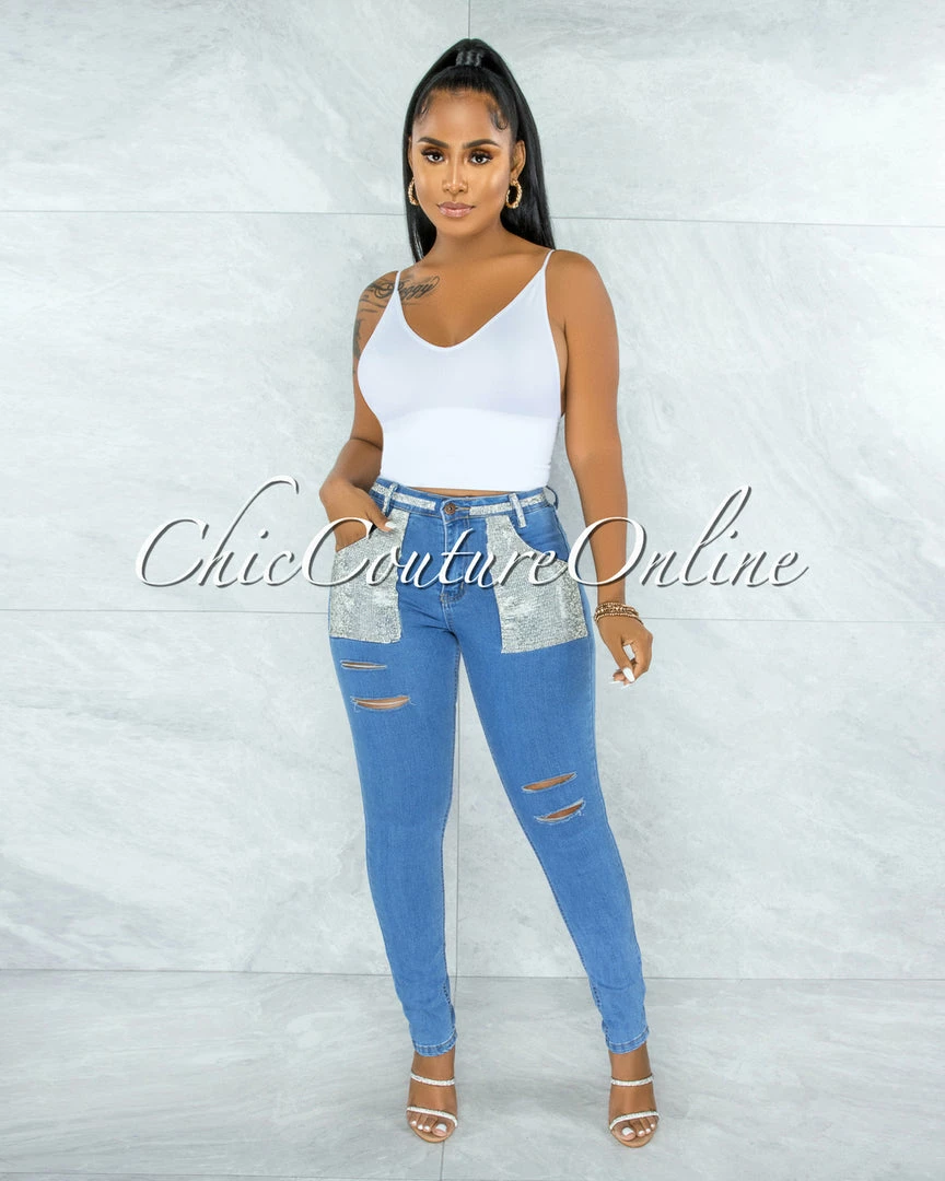 Vendor-unknown Hazaiah Blue Denim Rhinestones Pockets Jeans