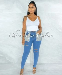 Vendor-unknown Hazaiah Blue Denim Rhinestones Pockets Jeans