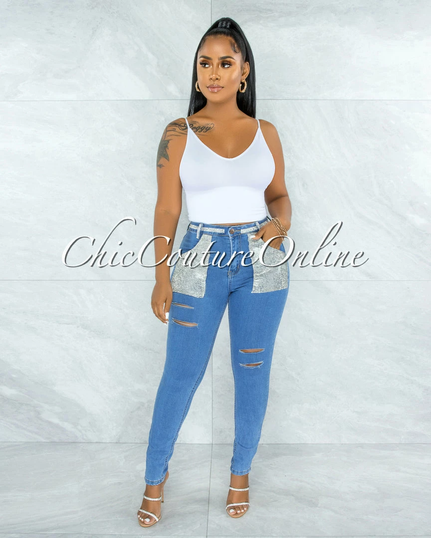 Vendor-unknown Hazaiah Blue Denim Rhinestones Pockets Jeans