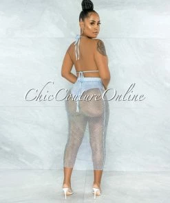 Vendor-unknown Mitzi Baby Blue Iridescent Rhinestones Cover-Up Fishnet Set SWIM