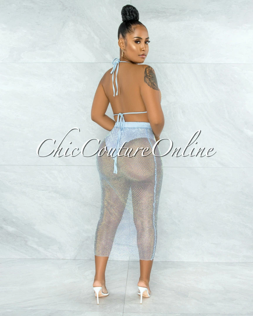 Vendor-unknown Mitzi Baby Blue Iridescent Rhinestones Cover-Up Fishnet Set SWIM