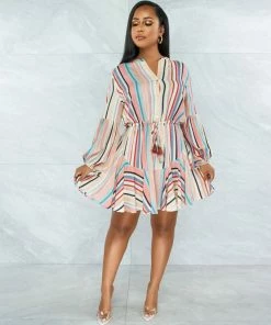 Vendor-unknown Carlisle Pink Nude Stripes Shirt Skater Dress