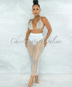 Vendor-unknown Mitzi White Iridescent Rhinestones Cover-Up Fishnet Set SWIM
