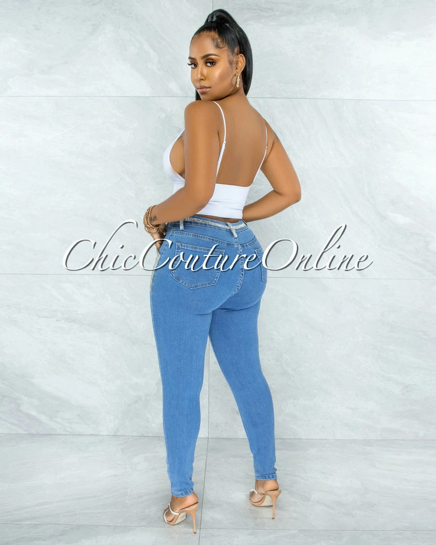 Vendor-unknown Hazaiah Blue Denim Rhinestones Pockets Jeans