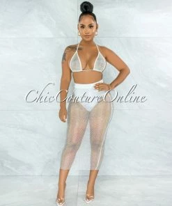 Vendor-unknown Mitzi White Iridescent Rhinestones Cover-Up Fishnet Set SWIM