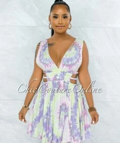 Vendor-unknown JUST IN Canika Pink Green Tie-Dye Cut-Out Strappy Sides Skater Dress