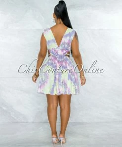 Vendor-unknown JUST IN Canika Pink Green Tie-Dye Cut-Out Strappy Sides Skater Dress