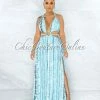 Vendor-unknown JUST IN Cabello White Blue Print Cut-Out Sides Silver Link Dress