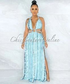 Vendor-unknown JUST IN Cabello White Blue Print Cut-Out Sides Silver Link Dress