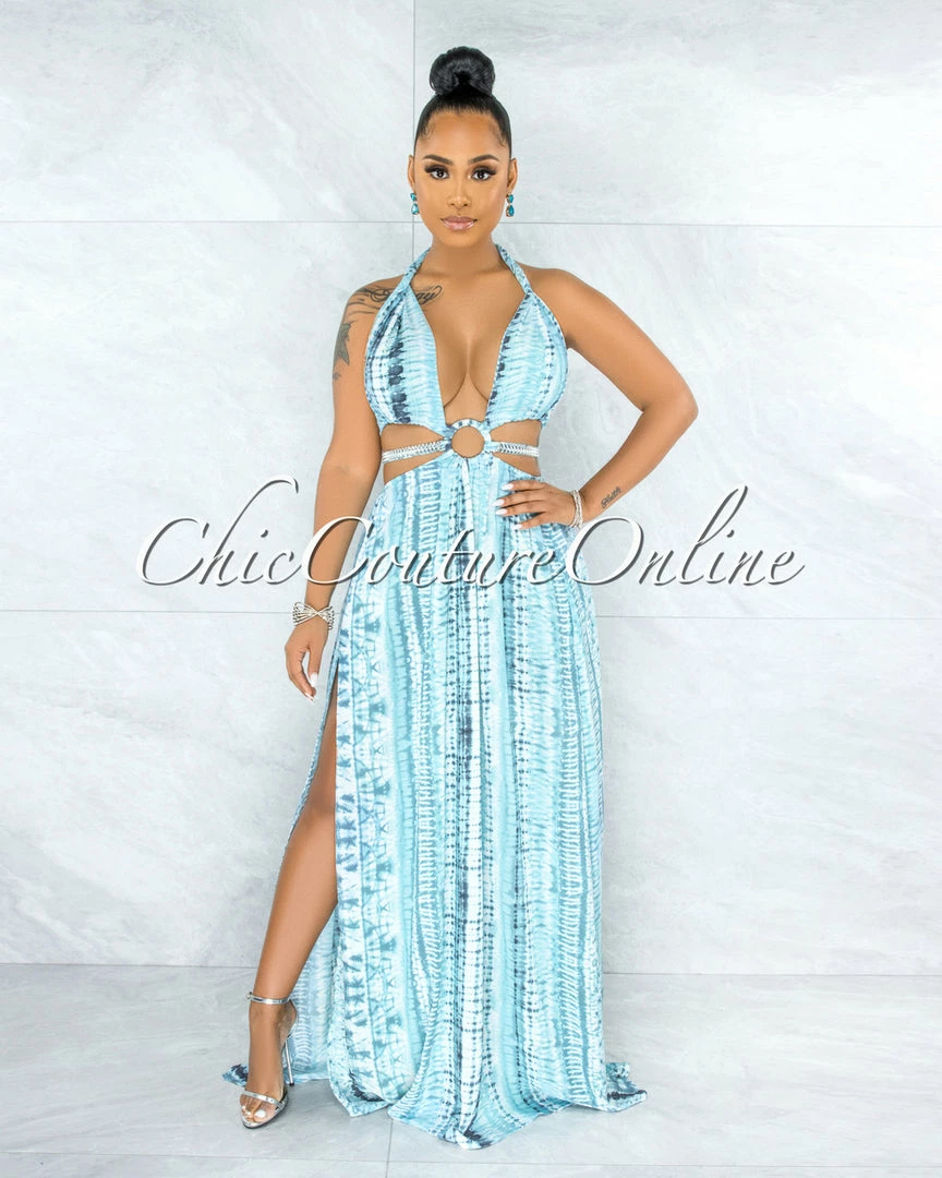 Vendor-unknown JUST IN Cabello White Blue Print Cut-Out Sides Silver Link Dress
