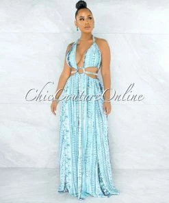 Vendor-unknown JUST IN Cabello White Blue Print Cut-Out Sides Silver Link Dress