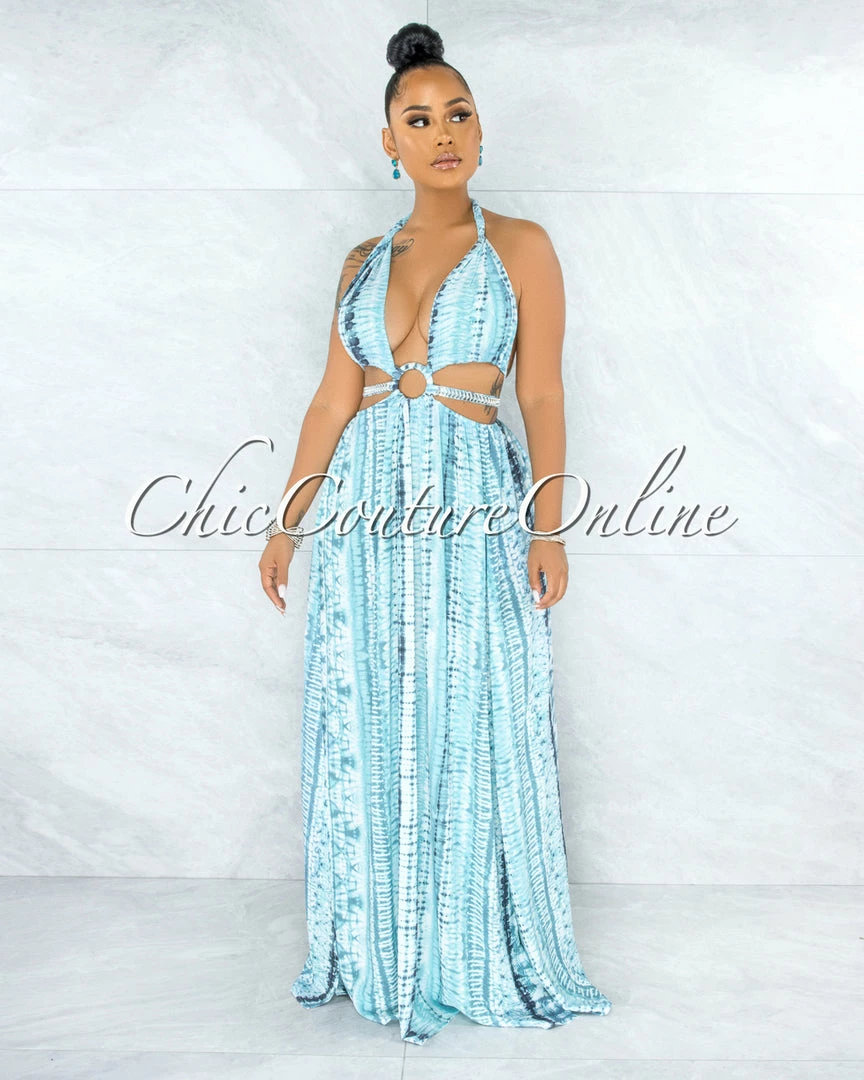 Vendor-unknown JUST IN Cabello White Blue Print Cut-Out Sides Silver Link Dress