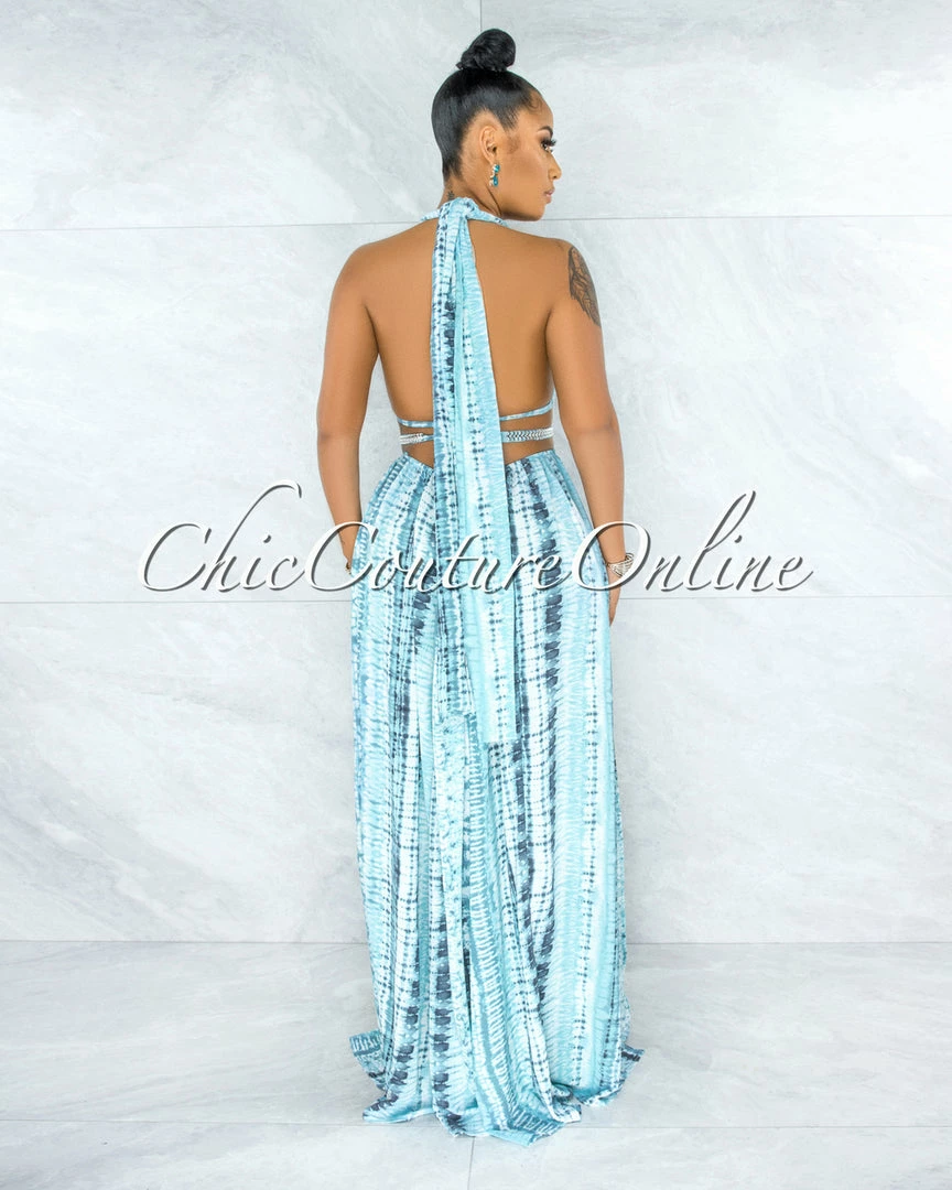 Vendor-unknown JUST IN Cabello White Blue Print Cut-Out Sides Silver Link Dress