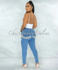 Vendor-unknown JUST IN Lanny Blue Denim White Lace-Up Cut Out Accent Jeans