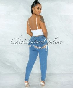 Vendor-unknown JUST IN Lanny Blue Denim White Lace-Up Cut Out Accent Jeans
