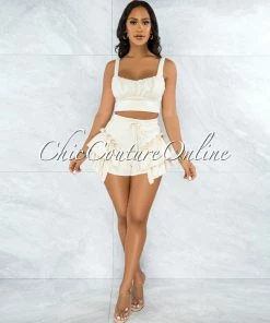 Vendor-unknown Senalda Cream Crop Top & Ruffle Shorts Set JUST IN