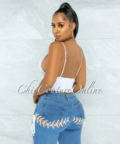 Vendor-unknown JUST IN Lanny Blue Denim White Lace-Up Cut Out Accent Jeans
