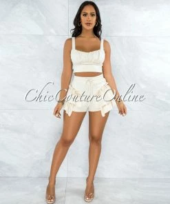 Vendor-unknown Senalda Cream Crop Top & Ruffle Shorts Set JUST IN