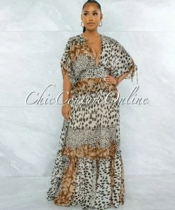 Vendor-unknown JUST IN Querida Brown Leopard Print Kimono Maxi Dress