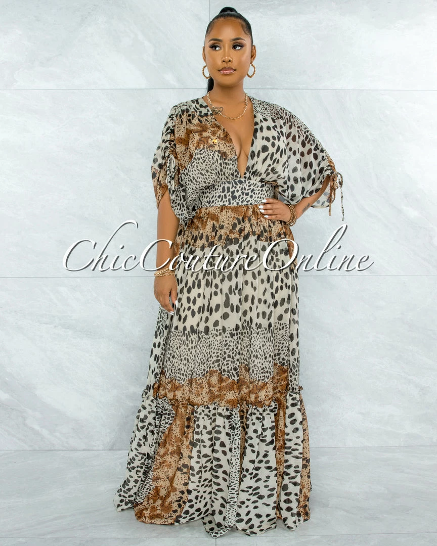 Vendor-unknown JUST IN Querida Brown Leopard Print Kimono Maxi Dress
