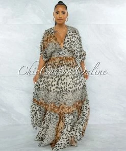 Vendor-unknown JUST IN Querida Brown Leopard Print Kimono Maxi Dress