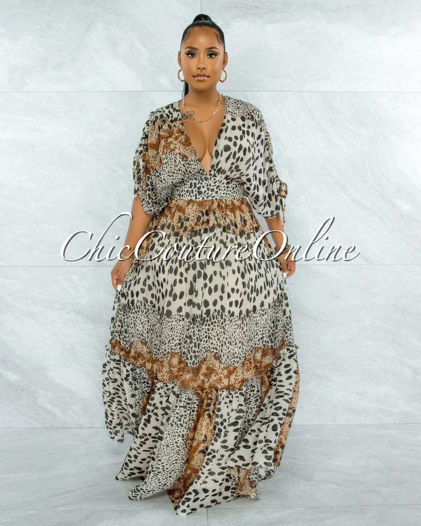 Vendor-unknown JUST IN Querida Brown Leopard Print Kimono Maxi Dress
