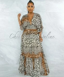 Vendor-unknown JUST IN Querida Brown Leopard Print Kimono Maxi Dress