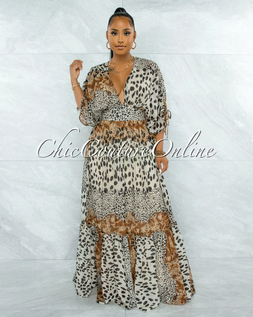Vendor-unknown JUST IN Querida Brown Leopard Print Kimono Maxi Dress