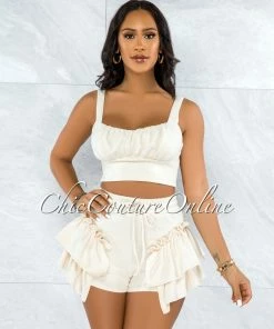Vendor-unknown Senalda Cream Crop Top & Ruffle Shorts Set JUST IN