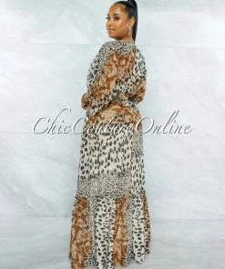 Vendor-unknown JUST IN Querida Brown Leopard Print Kimono Maxi Dress