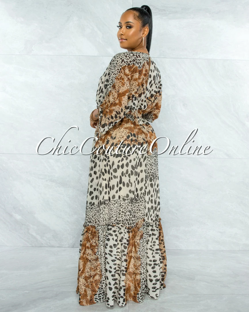 Vendor-unknown JUST IN Querida Brown Leopard Print Kimono Maxi Dress
