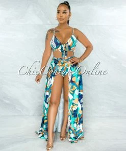 Vendor-unknown Rohini Jade Leaf Print Wood Buckle Bodysuit Maxi Skirt Set JUST IN