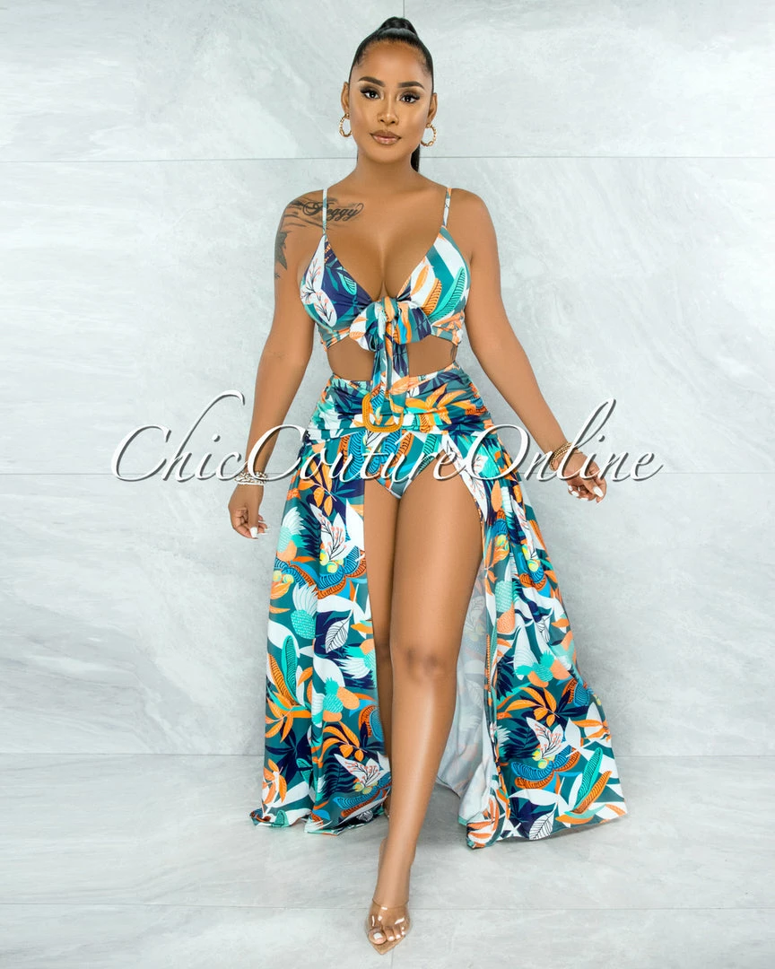 Vendor-unknown Rohini Jade Leaf Print Wood Buckle Bodysuit Maxi Skirt Set JUST IN