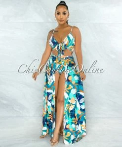 Vendor-unknown Rohini Jade Leaf Print Wood Buckle Bodysuit Maxi Skirt Set JUST IN