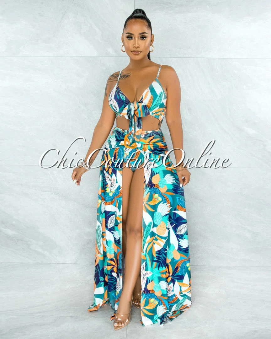 Vendor-unknown Rohini Jade Leaf Print Wood Buckle Bodysuit Maxi Skirt Set JUST IN