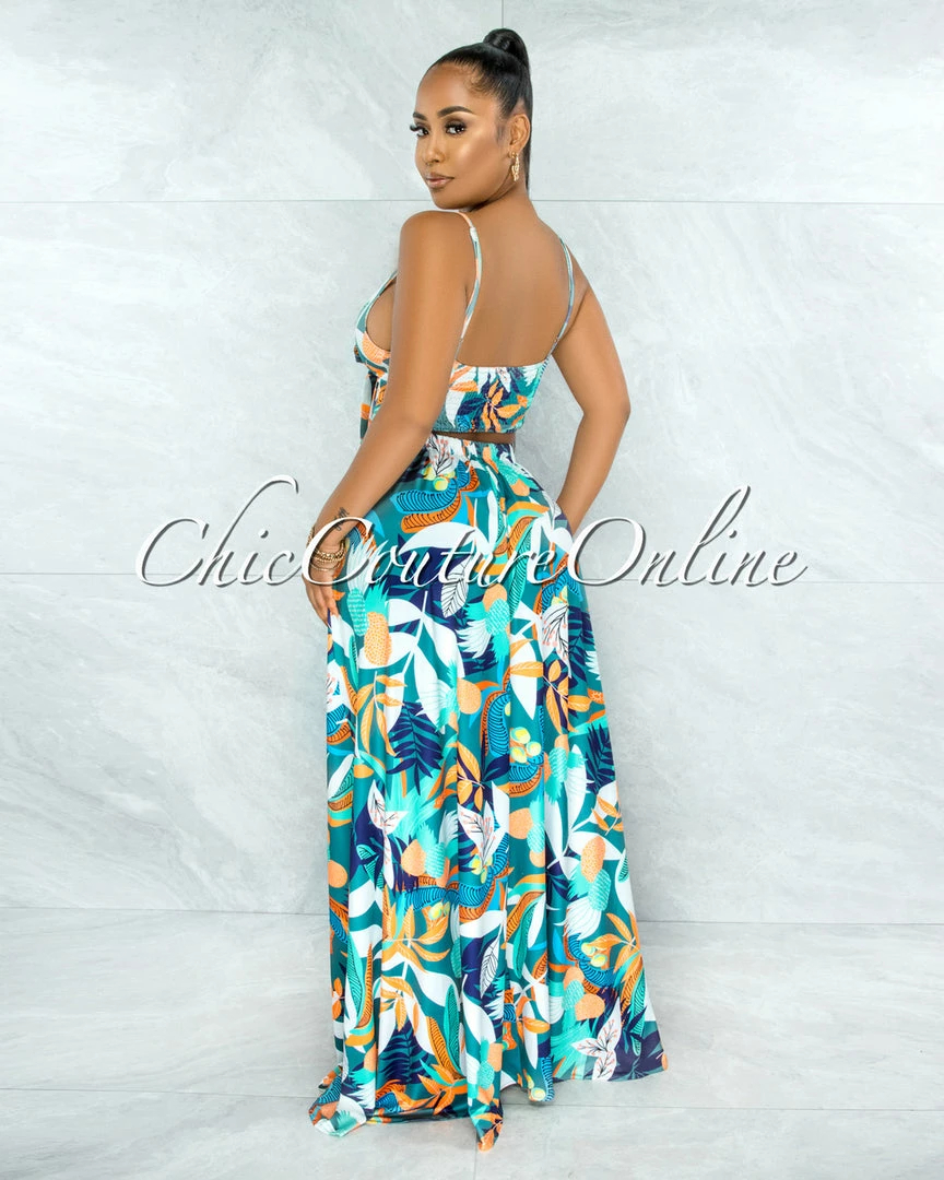 Vendor-unknown Rohini Jade Leaf Print Wood Buckle Bodysuit Maxi Skirt Set JUST IN
