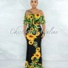 Vendor-unknown Semele Black Yellow Sunflowers Off-The Shoulder Maxi Dress JUST IN