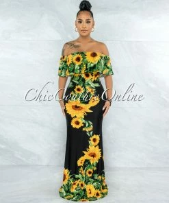 Vendor-unknown Semele Black Yellow Sunflowers Off-The Shoulder Maxi Dress JUST IN