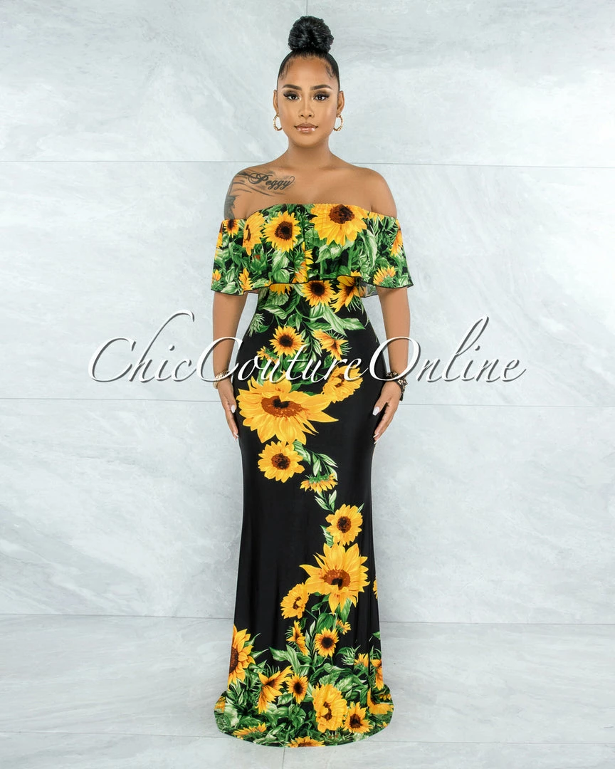 Vendor-unknown Semele Black Yellow Sunflowers Off-The Shoulder Maxi Dress JUST IN