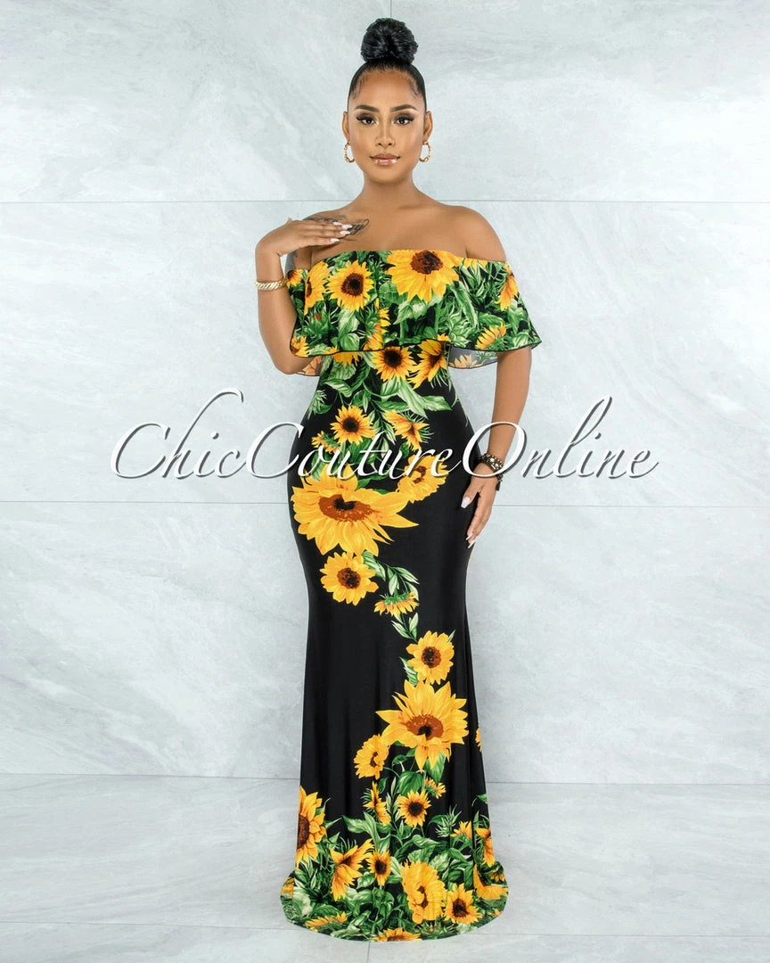 Vendor-unknown Semele Black Yellow Sunflowers Off-The Shoulder Maxi Dress JUST IN