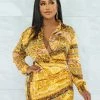 Vendor-unknown Casilda Gold Black Print Draped Satin Dress JUST IN