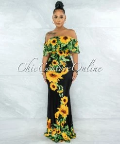 Vendor-unknown Semele Black Yellow Sunflowers Off-The Shoulder Maxi Dress JUST IN