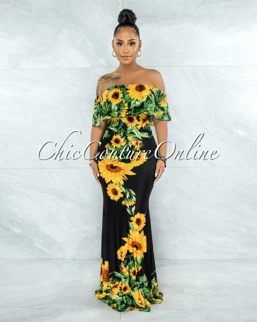 Vendor-unknown Semele Black Yellow Sunflowers Off-The Shoulder Maxi Dress JUST IN