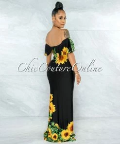 Vendor-unknown Semele Black Yellow Sunflowers Off-The Shoulder Maxi Dress JUST IN