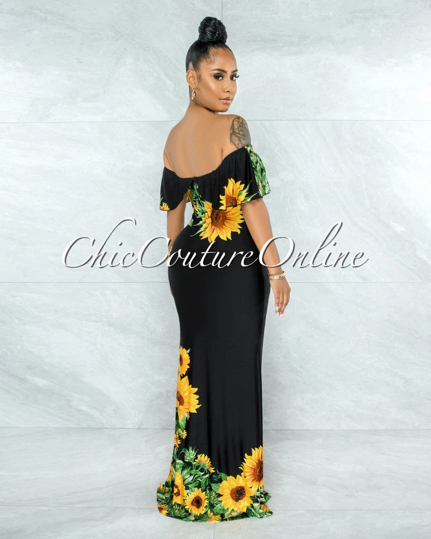 Vendor-unknown Semele Black Yellow Sunflowers Off-The Shoulder Maxi Dress JUST IN