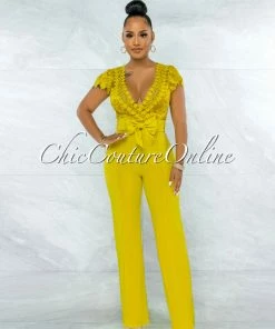 Vendor-unknown Fiorella Lime Yellow Lace Sheer Top Bow Belted Jumpsuit