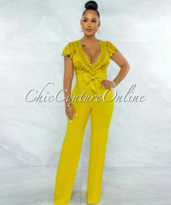 Vendor-unknown Fiorella Lime Yellow Lace Sheer Top Bow Belted Jumpsuit